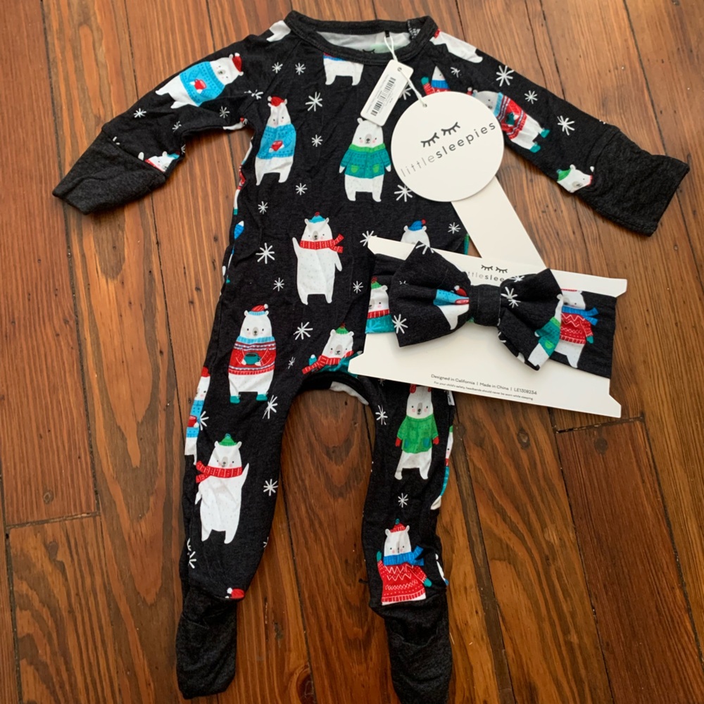 Little Sleepies Polar Bear Onesie and Bow Bundle - NWT